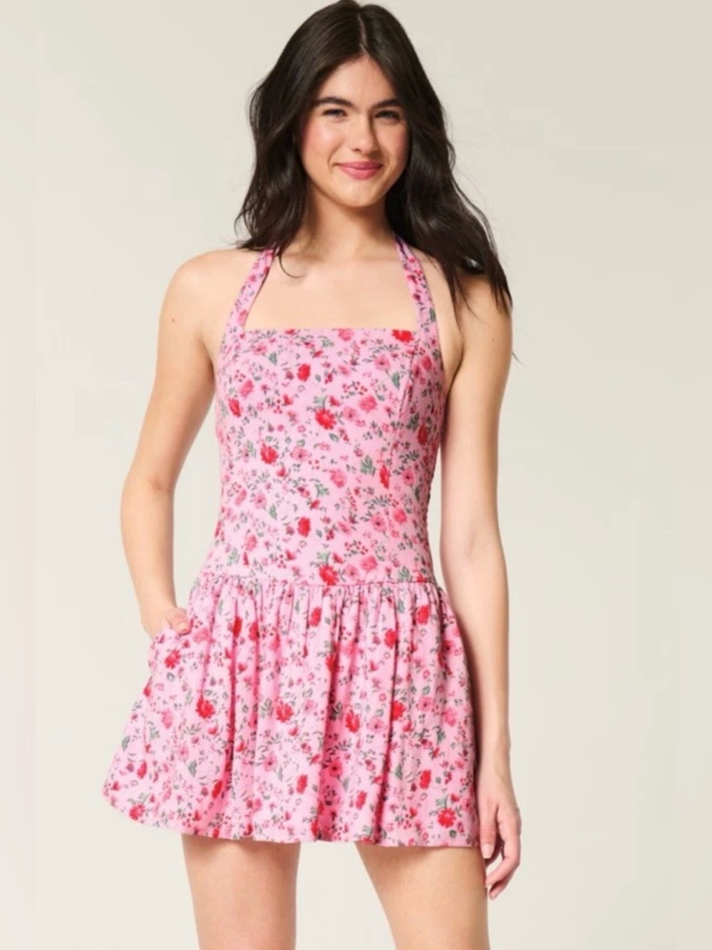 Hollister Drop Waist Halter Mini Floral Dress Size L